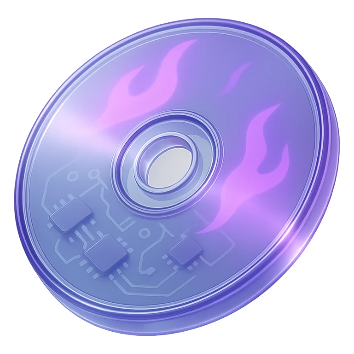 A minimalist CD disc with subtle purple flames, glowing effect, variation 2 sticker