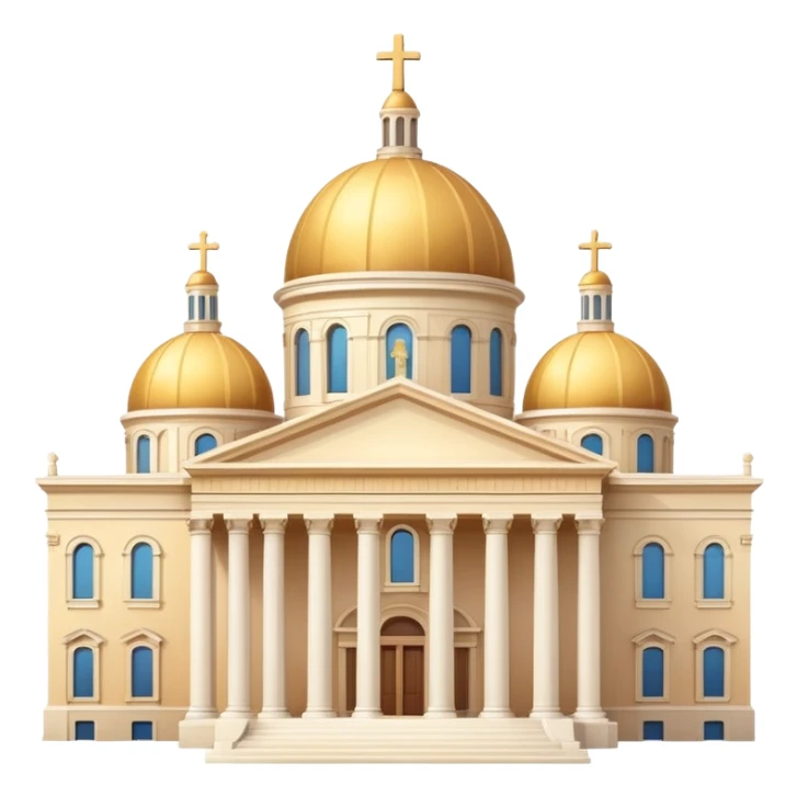 classical building with a large dome and columns, neoclassical cathedral with central dome, portico with columns, cross on top, Apple emoji style buildings, smooth gradients, soft shadows, clean lines, no text sticker