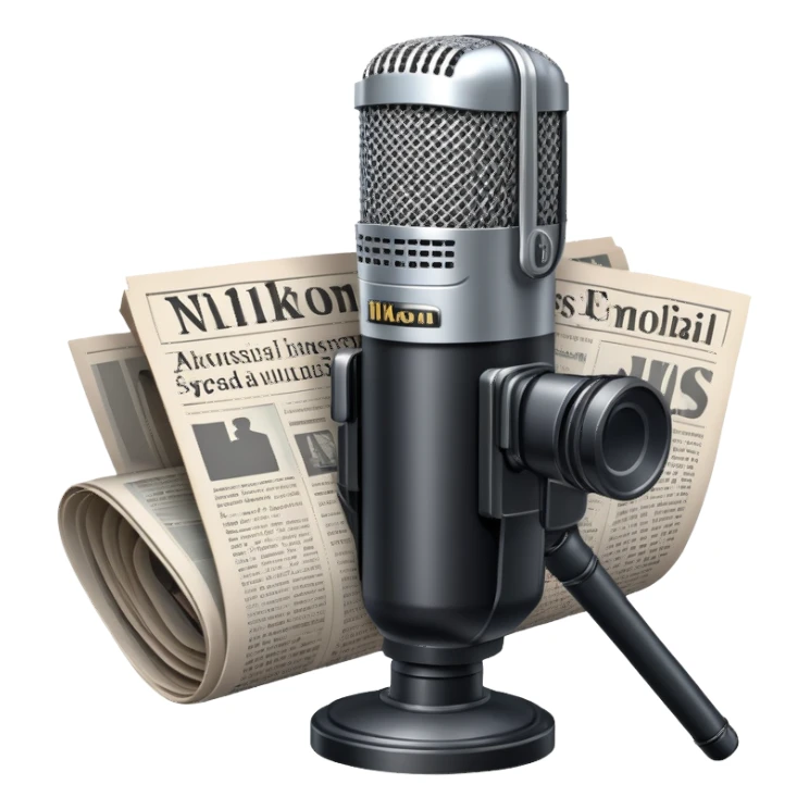 An icon featuring a microphone, a newspaper, a professional camera Nikon D5, representing journalism and mass media. The design includes headlines and imagery, symbolizing the spread of news and information. Transparent background highlights the power of communication and media. sticker