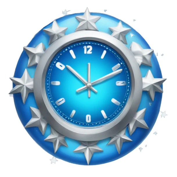 a sparkly blue clock with silver stars on it sticker