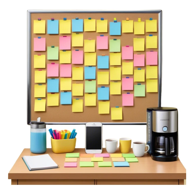 A bulletin board with sticky notes arranged in a progress-tracking grid. Next to it, a water bottle and book sit beside a coffee maker, while a phone is face-down outside a bedroom, symbolizing a distraction-free habit system. sticker