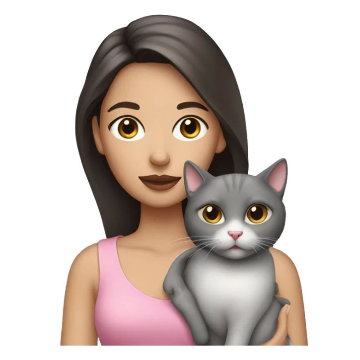 brunette with pink lips holding a grey cat sticker
