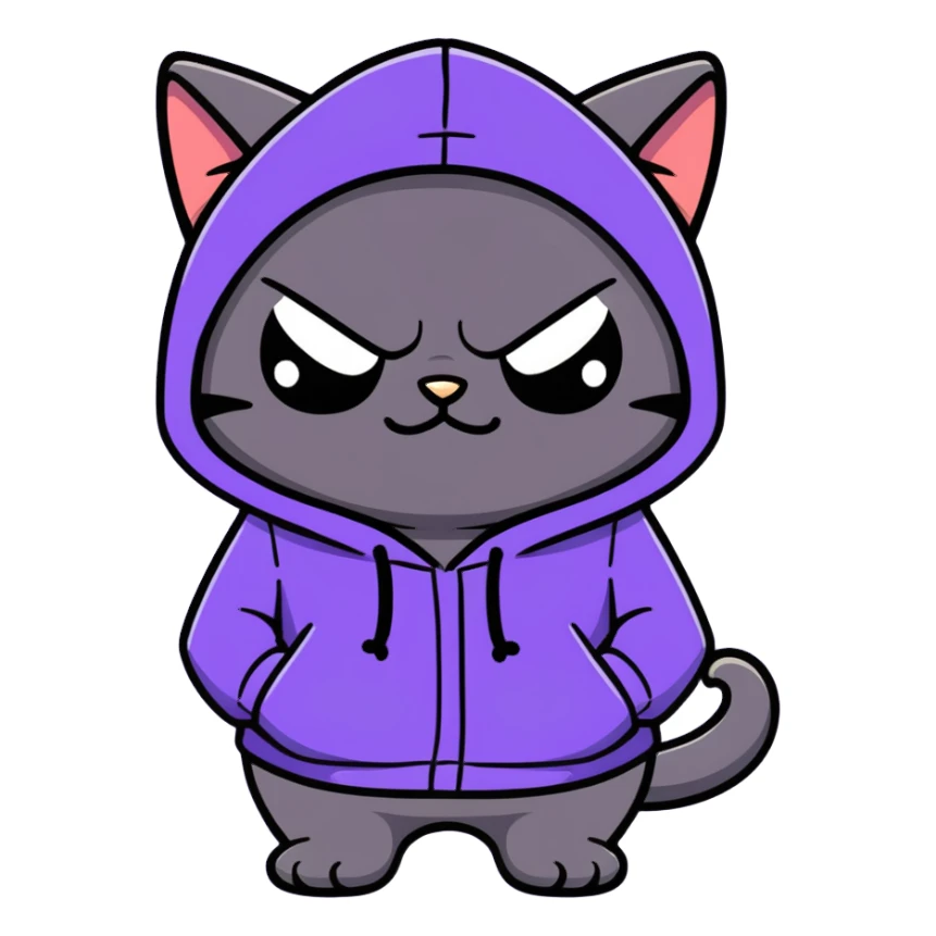 Grumpy anime Black cat with a purple hoodie sticker