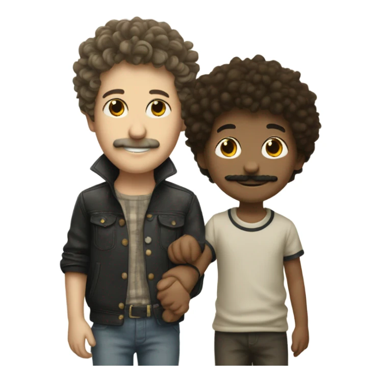 smiling boy with mustache indoors holding hands with Bob Dylan sticker