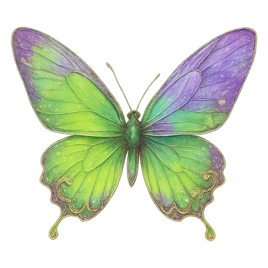 Create an exact butterfly as in the example image with original violet and #c0ff53 green colors blending smoothly. Maintain all effects, gloss, and details. No background. sticker
