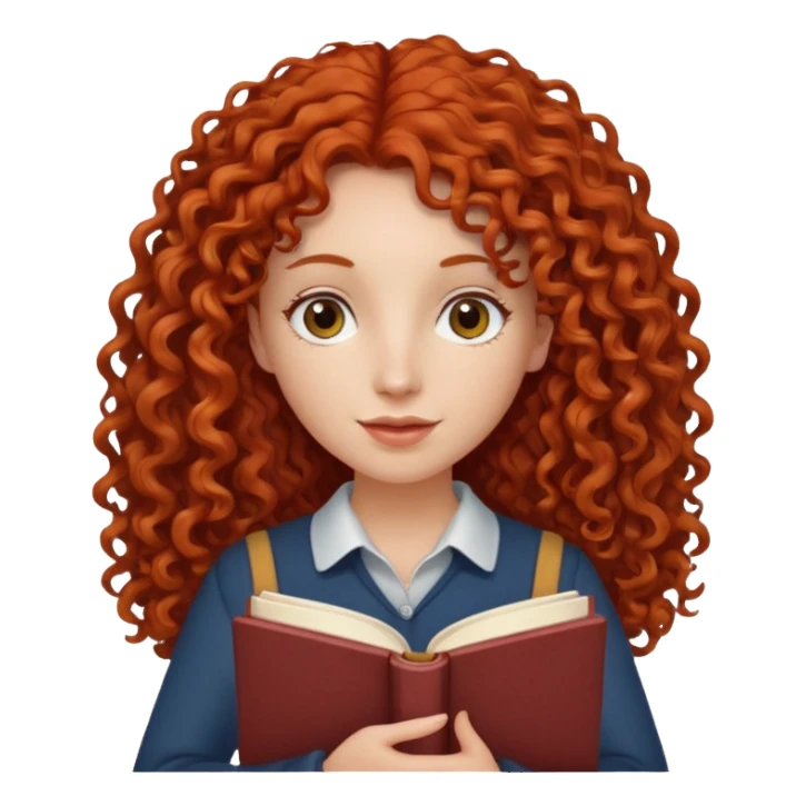 long red and curly haired  women with book with optical  sticker