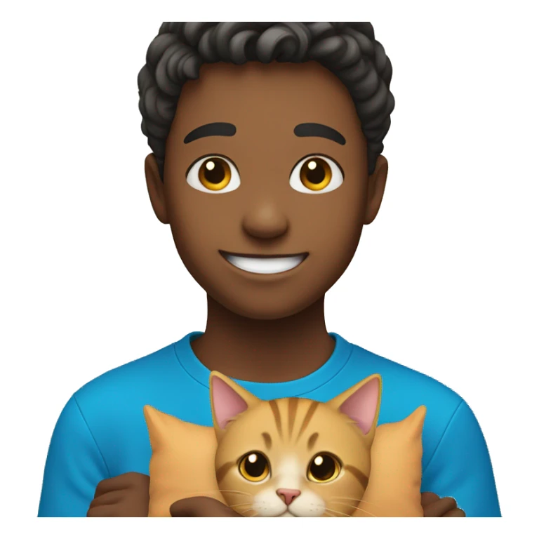 smiling boy in blue shirt with cat sticker