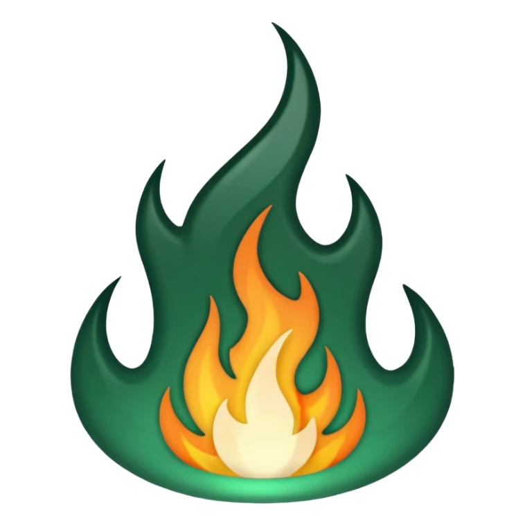 dark green and white flame, rounded flame shape, emoji style, transparent background sticker