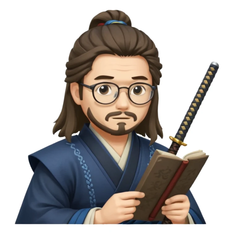 Long Haired Samurai with Glasses, Calm swordsman reading scroll with glasses sticker