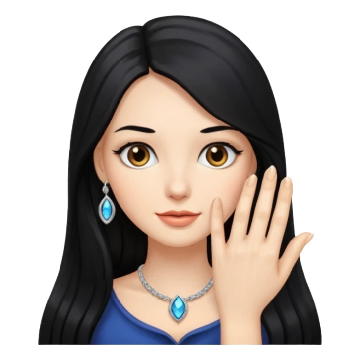 Woman with long black hair and engagement ring sticker