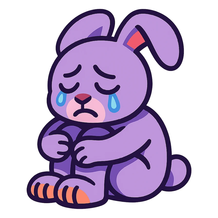 lilac bunny hugging knees while crying, soft emotional expression, vibrant toon style sticker