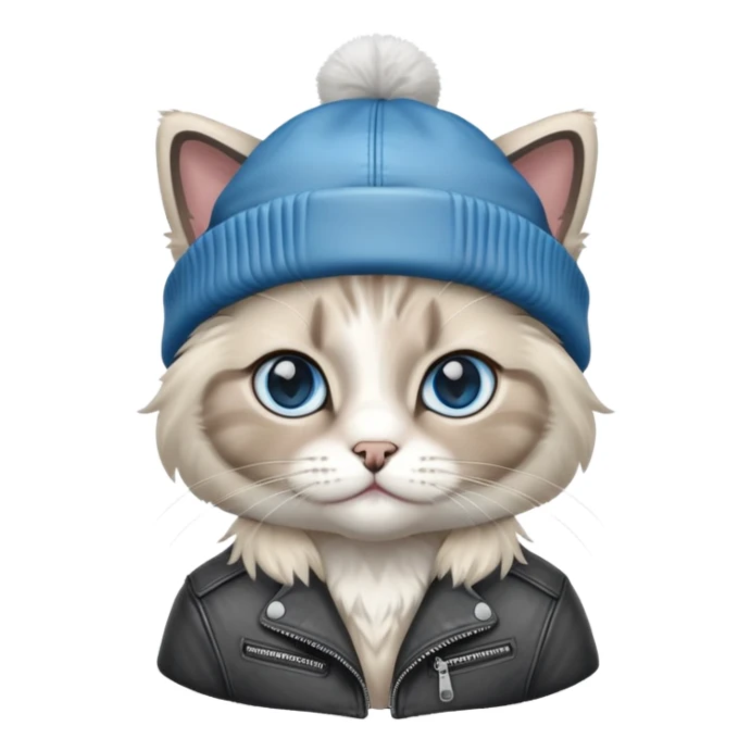 Ragdoll cat wearing a leather jacket and a beanie sticker