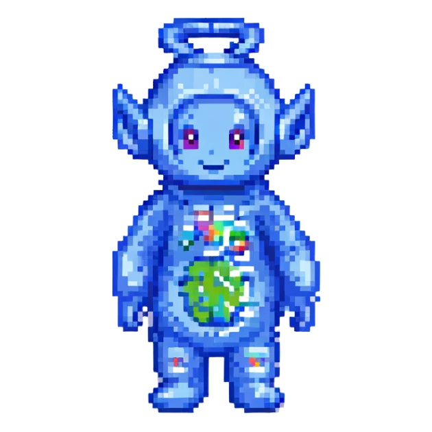 blue teletubbie, pixel art style sticker