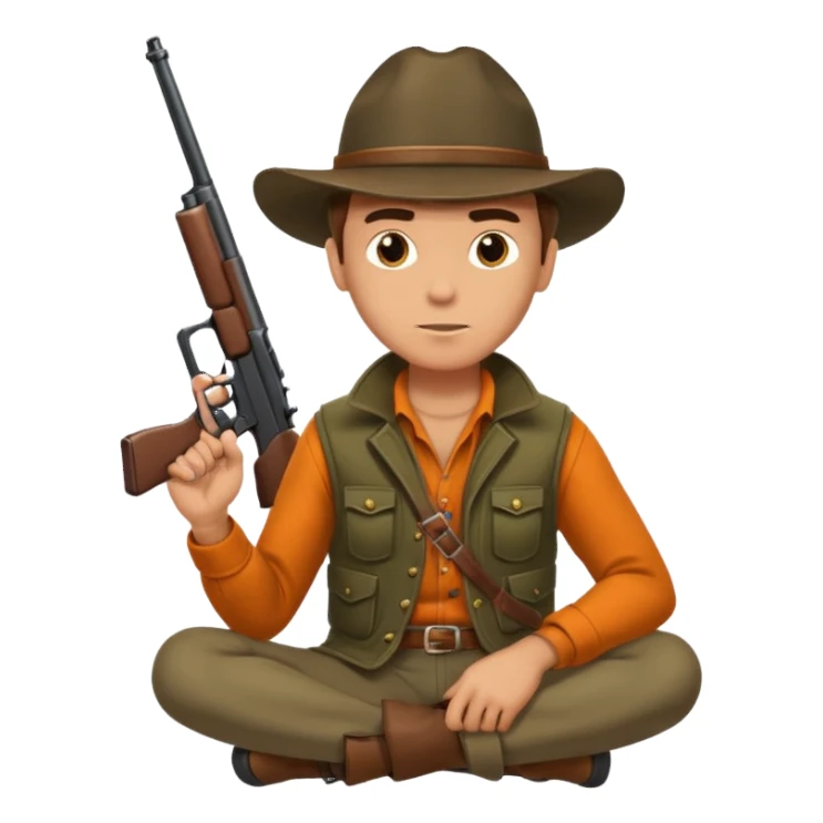 male hunter sitting with a gun, simple, clear expression sticker