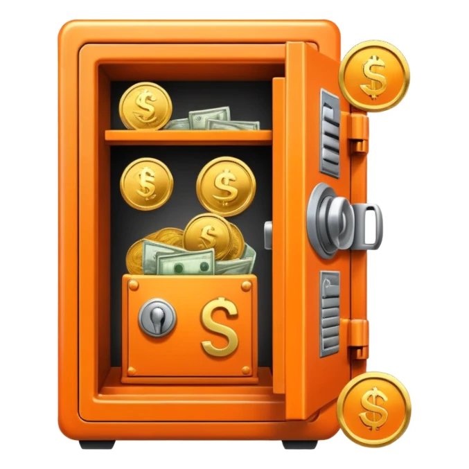 Orange safe with flying money and coins sticker