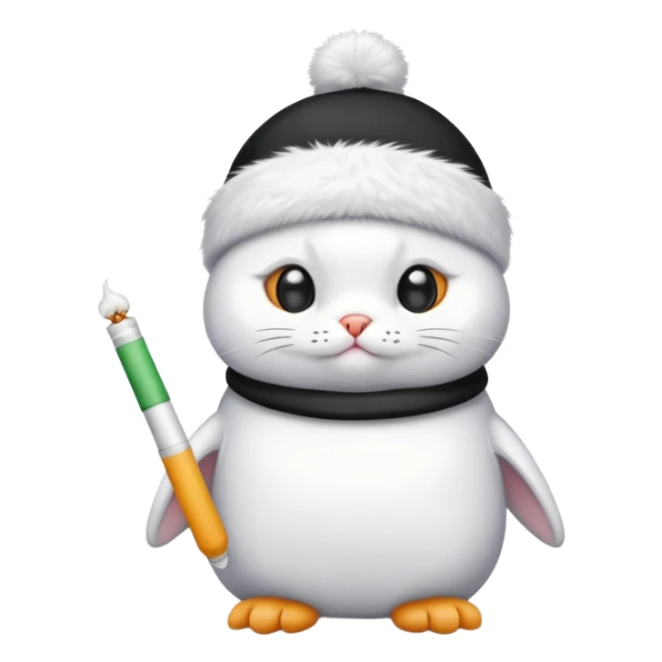 make white cat with a pangiun beani with a joint sticker