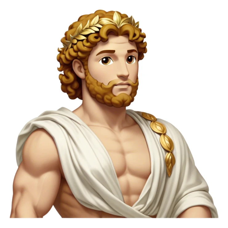 Cinematic Realistic Hercules Portrait, head tilted dramatically with an exaggeratedly amused expression, blending the fierce valor of the Hercules with the classic elegance of Michelangelo's David. His light tan skin and thick, curly, golden brown hair, rendered with meticulous classical detail, frame a face of heroic determination and playful charm. Clad in a gracefully draped white robe adorned with subtle golden embellishments and accented by a distinguished Greek laurel wreath, dynamic lighting accentuates both his formidable physical power and his approachable, spirited demeanor. sticker
