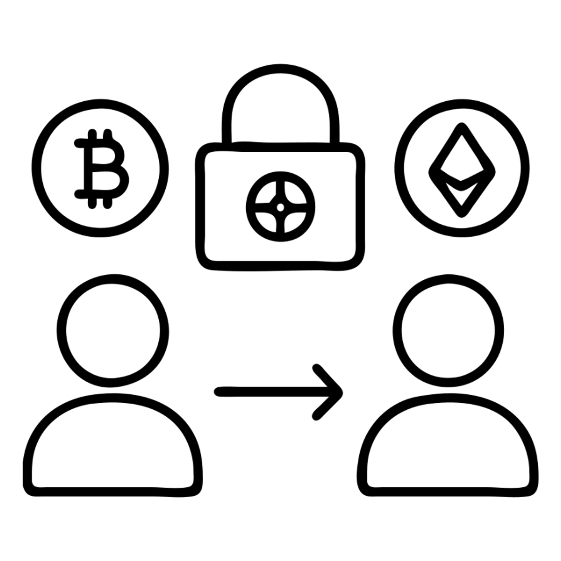P2P cryptocurrency transaction with escrow protection, showing two user icons, crypto symbols, and a secure vault between them sticker