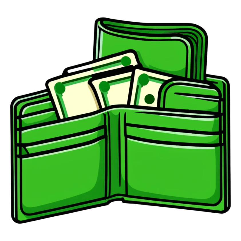 sleek black wallet open with dollar bills visible inside sticker