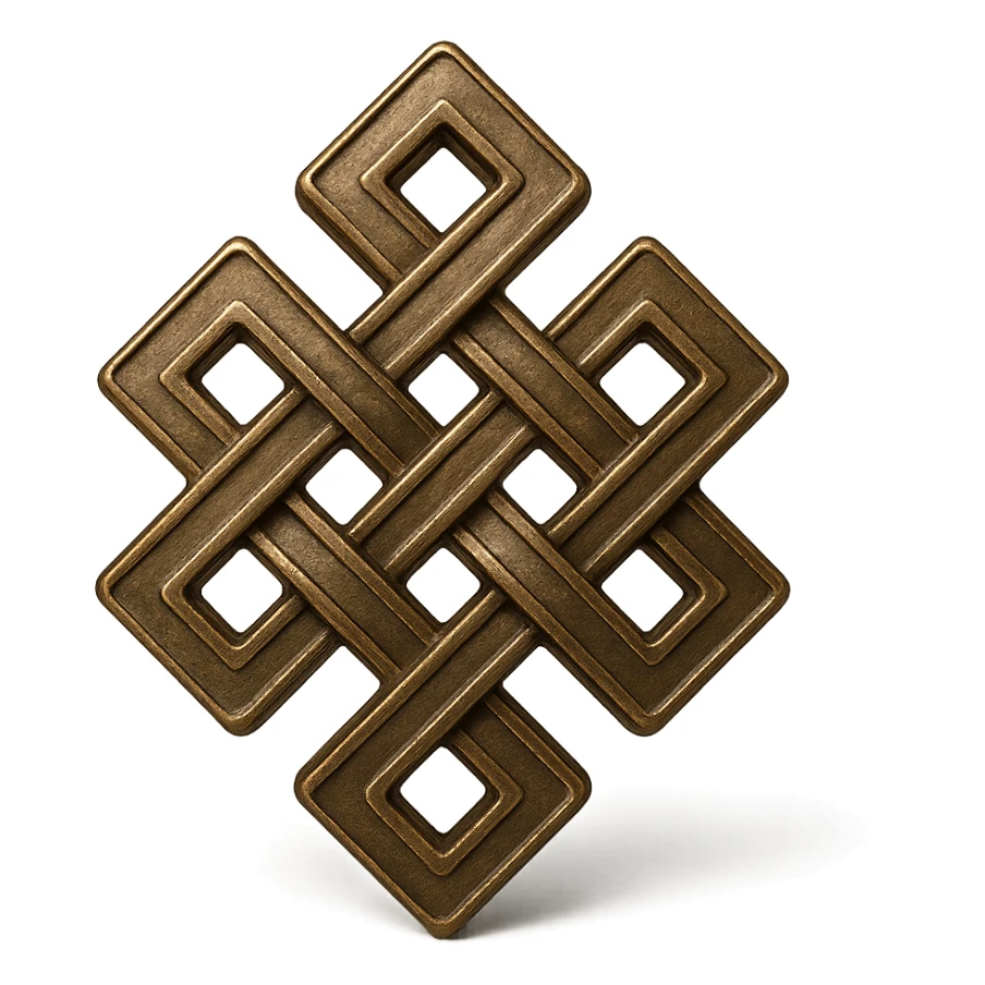 Create a karma symbol with an endless knot design featuring intricate interwoven lines. The style should be 3D bronze metallic with realistic shine and depth, icon-like, balanced composition, and no background (transparent). sticker