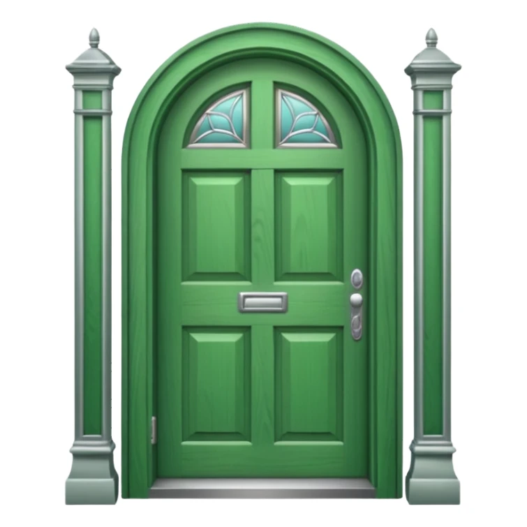 A simple green door emoji with a handle and a window sticker