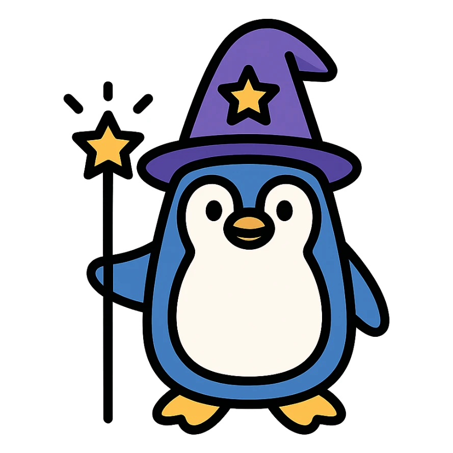 penguin wizard, color outline icon style sticker