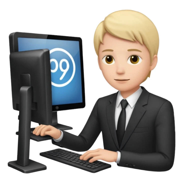 A computer screen with a body that is wearing a suit sticker