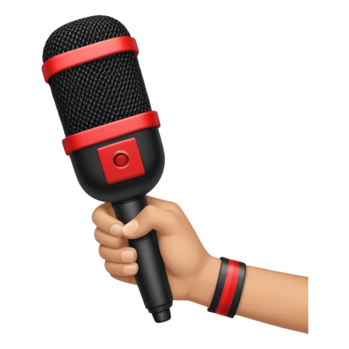 hand holding black stage microphone with red strip on bottom sticker