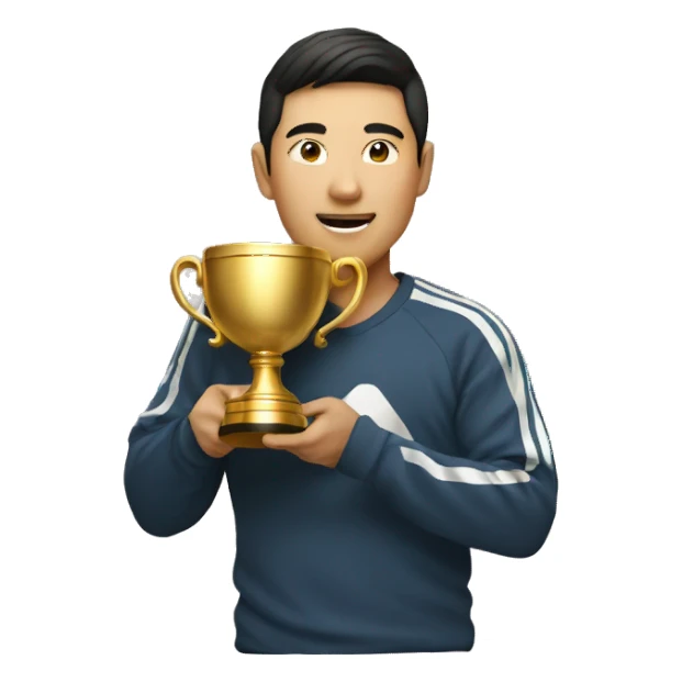 an asian man with a champion cup sticker