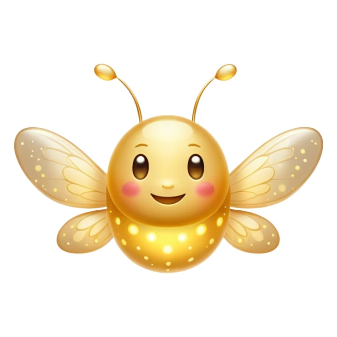Cinematic tiny glowing firefly, round and chubby, soft golden light, tiny happy face, gentle floating motion, surrounded by dreamy sparkling dots. sticker
