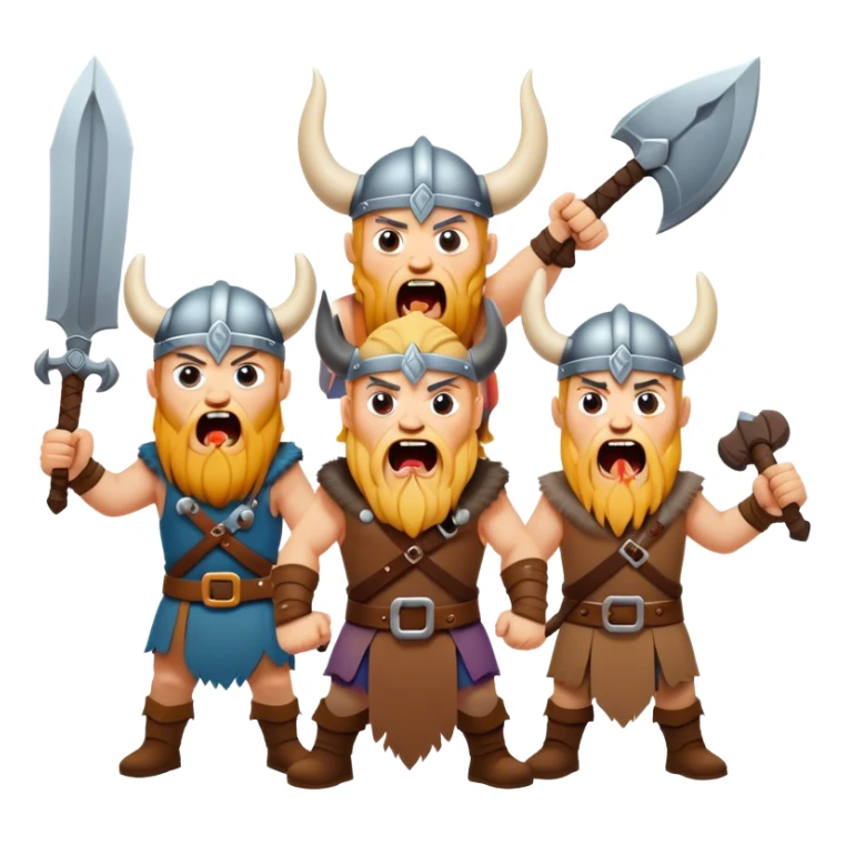 three different Vikings scream, weapons in their hands, realistic sticker