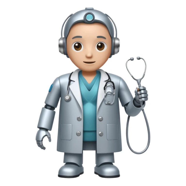 robot with a doctor's coat and a stethoscope sticker