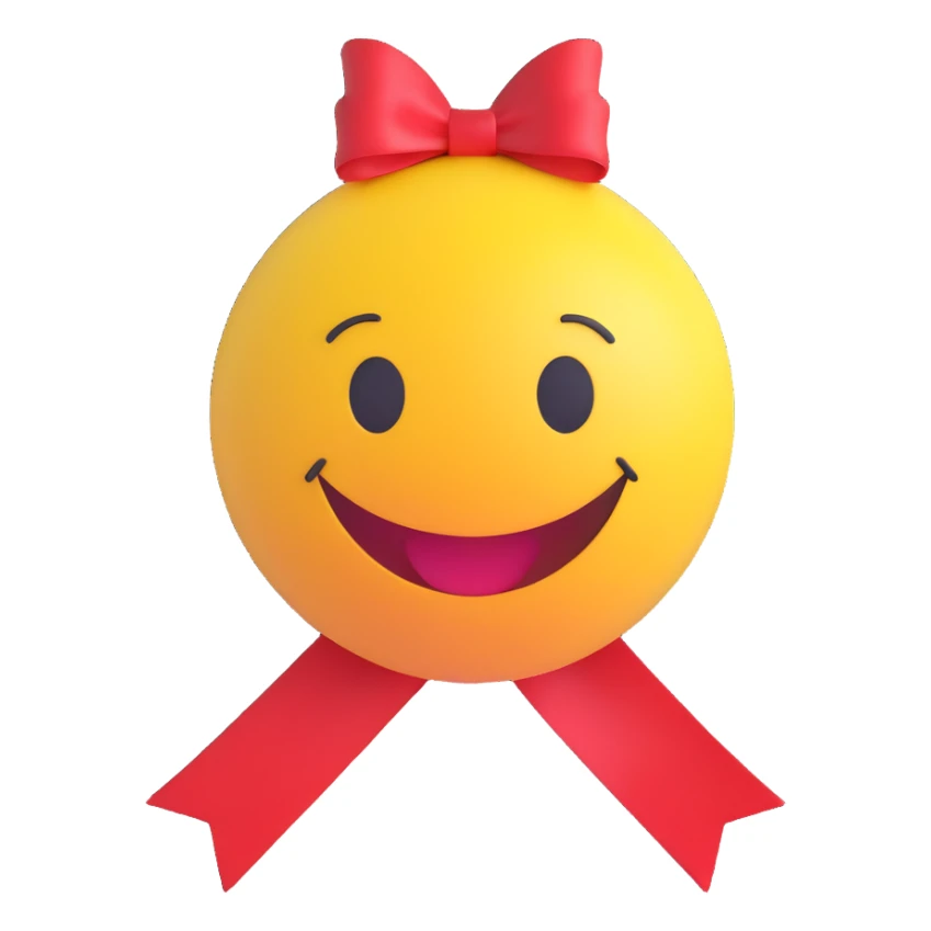 3D smiley emoji, round shape, red ribbon, lucky face sticker