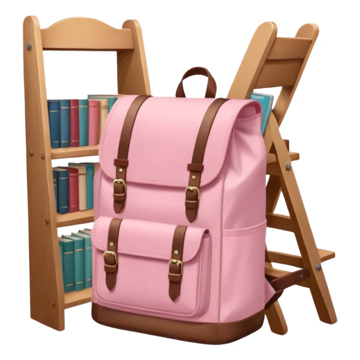 Pastel pink backpack leaning against a library chair, soft background sticker