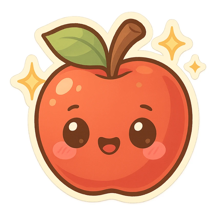 chibi sticker-style apple with sparkles, cute and exaggerated sticker