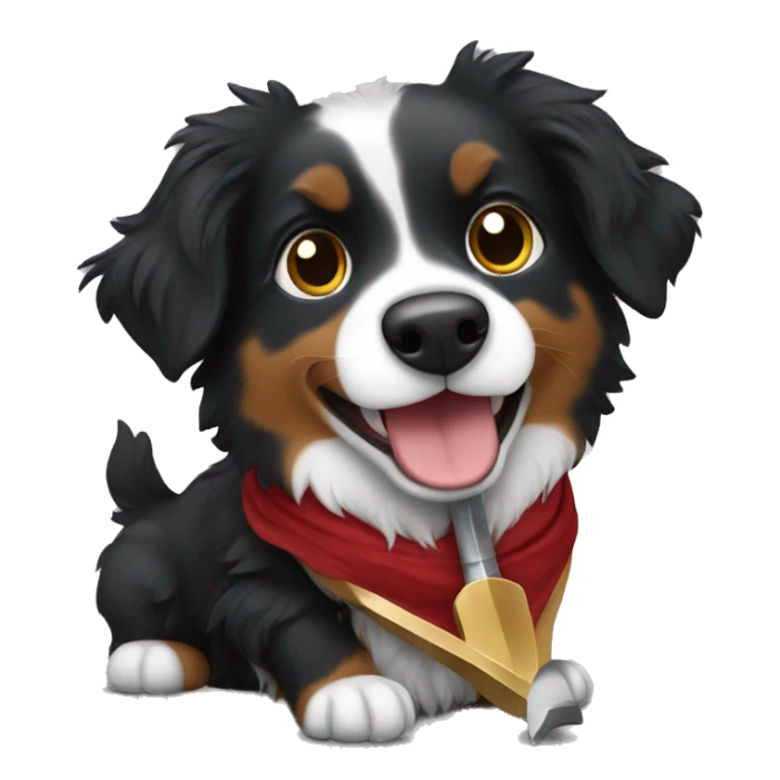 Small black australian shepherd dog with a sword sticker