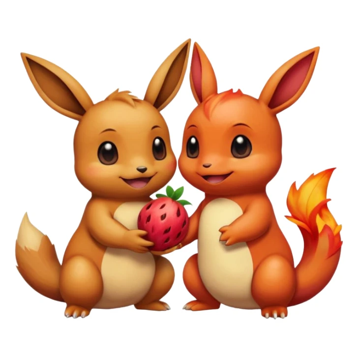 Eevee and Charmander sitting side by side, happily sharing a big fruit together. Both look joyful and friendly, drawn in a playful emoji-like cartoon style. sticker