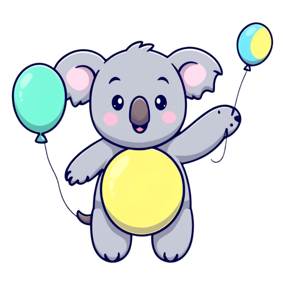 koala floating with pastel balloons, happy face sticker