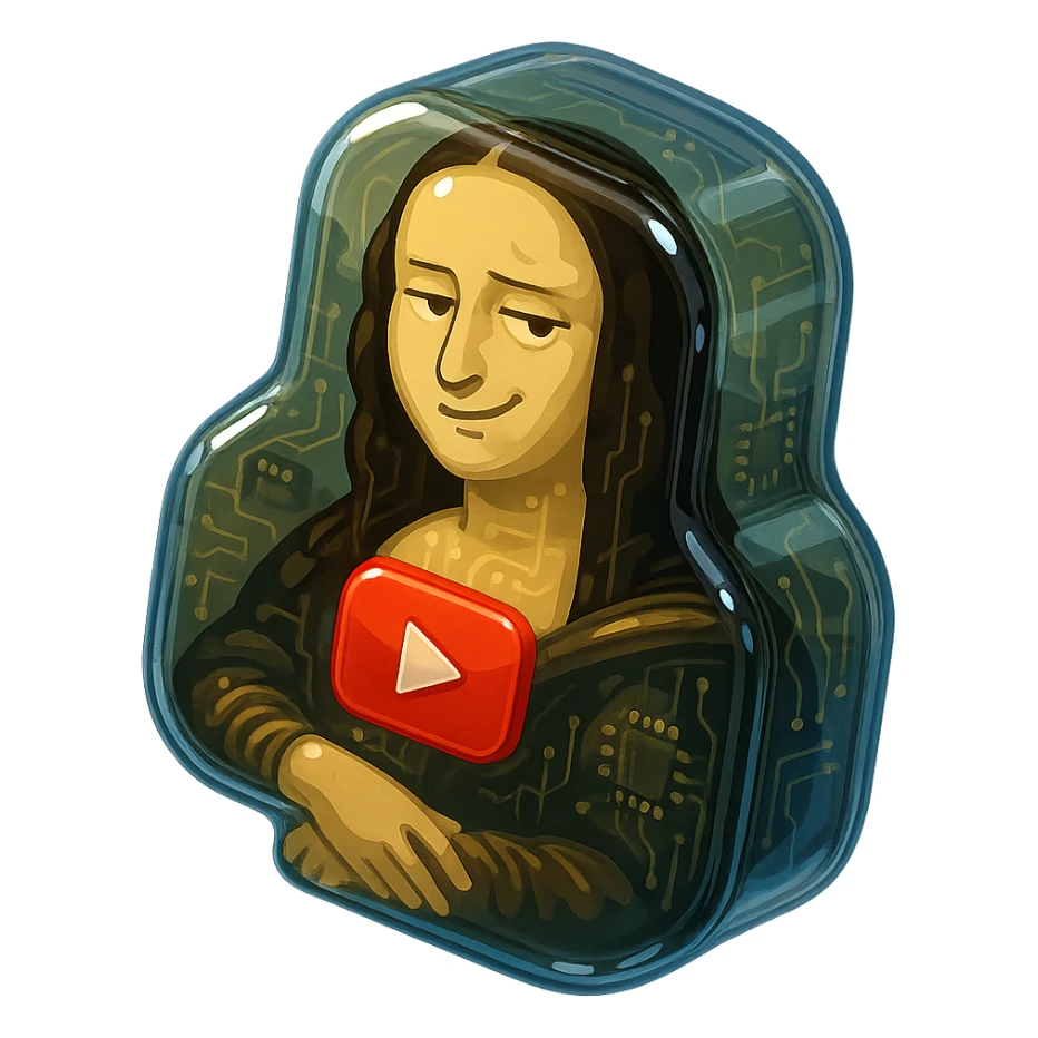 Mona Lisa with a sarcastic expression with red youtube play button sticker