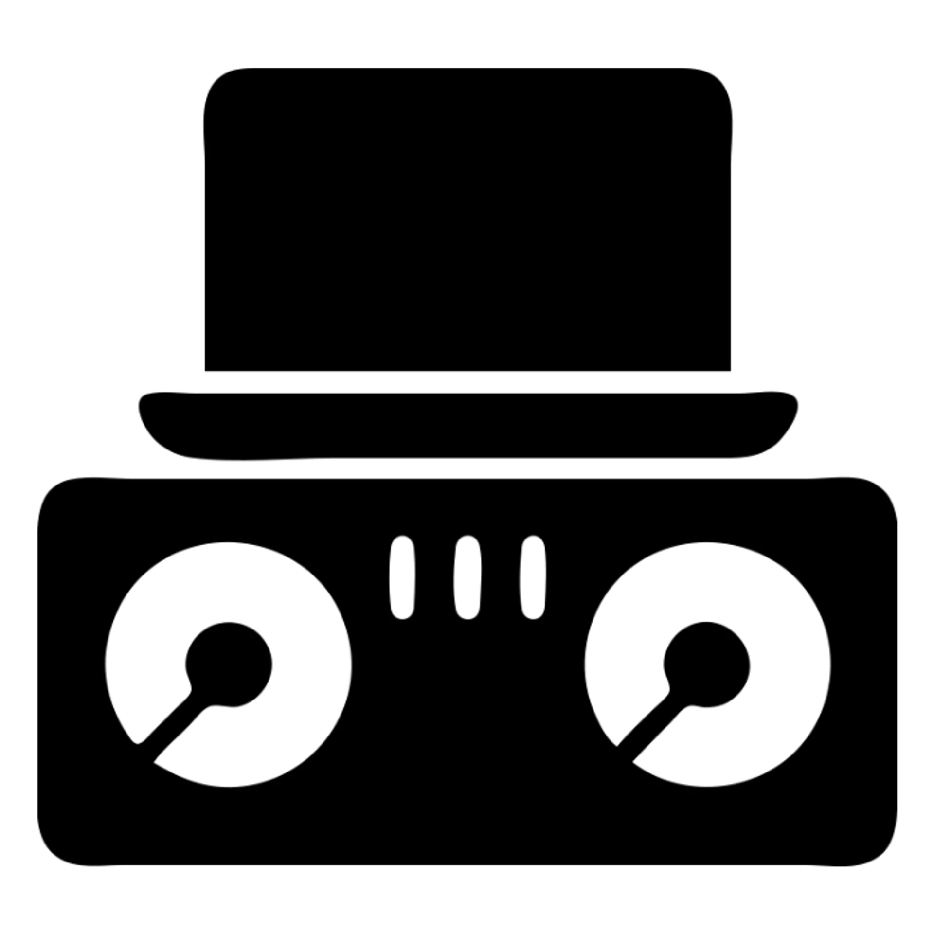 A DJ setup in a black filled icon style, with a laptop. sticker