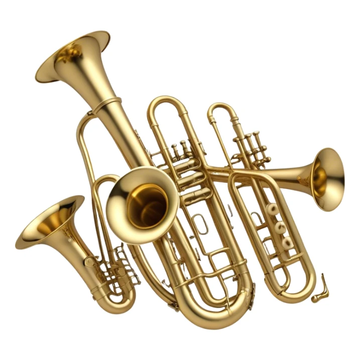 Create a simple and symbolic emoji collage representing wind instruments. Include a variety of iconic elements like the bell of a trumpet, the mouthpiece of a saxophone, and a subtle outline of a trombone. Arrange the elements in a dynamic and balanced way. Use warm metallic tones like gold, brass, and silver for the instruments, with a clean and minimalist design. The background should be transparent, focusing on the shapes and silhouettes of the instruments to convey their essence without excessive detail. sticker