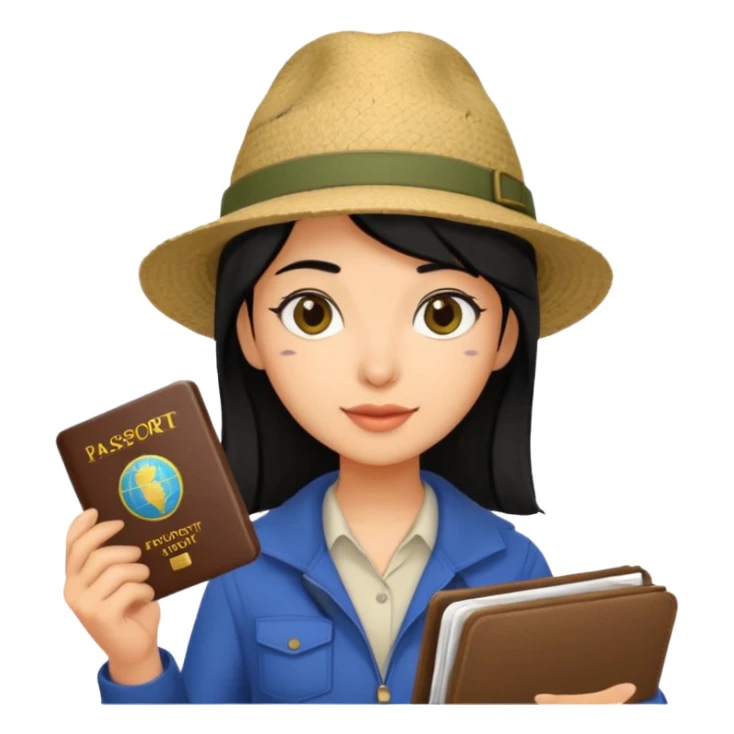 black haired Traveler character with passport sticker