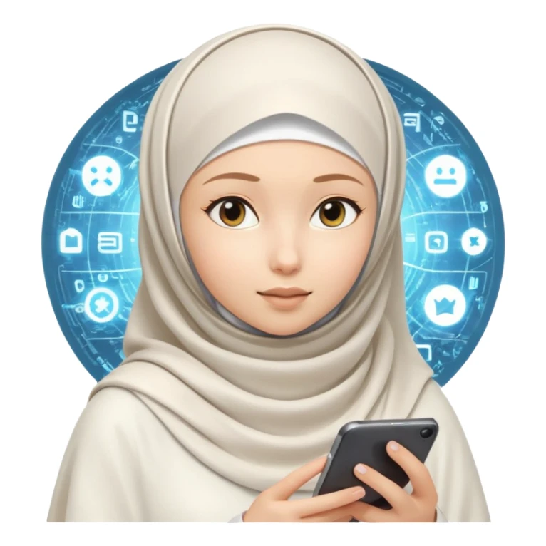 girl with white hijab working with augmented reality and metaverse, digital code, virtual machine artifacts floating around her sticker