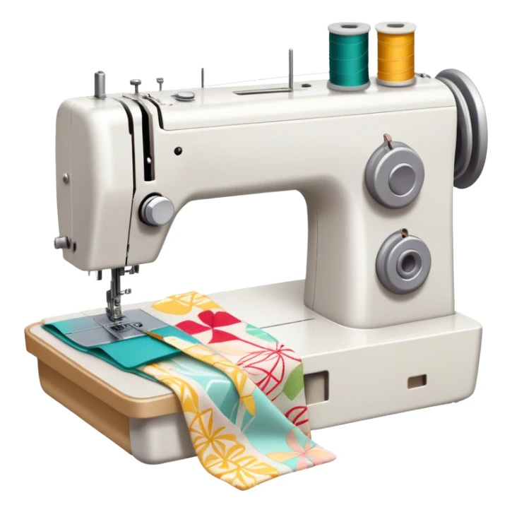 Sewing icon, sewing machine with thread, visible needle, spools of thread, fabric pieces cut according to patterns, scissors, and measuring tape, a piece of clothing in progress, minimalistic style, clean lines, transparent background. sticker