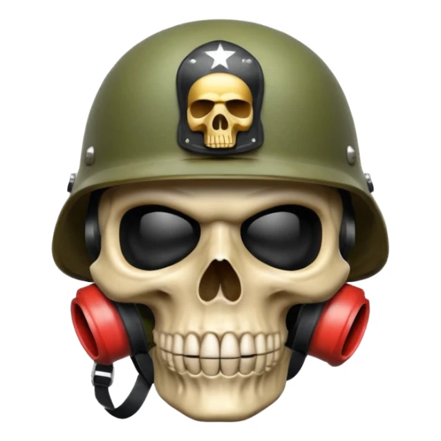 A bold emoji-style skull wearing a realistic army helmet,shushing . Clean vector style, high contrast, centered composition, modern emoji aesthetic, detailed helmet texture, confident and intense expression, 3D glossy finish, high resolution , no body , finger shuting is mouth sticker