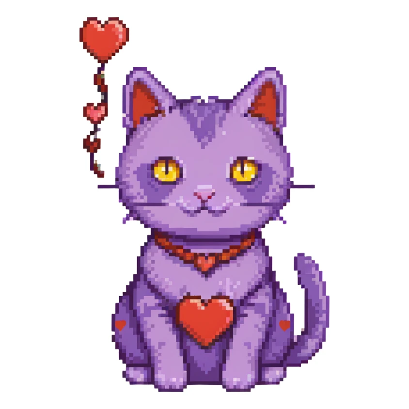 a purple cat with red hearts sticker