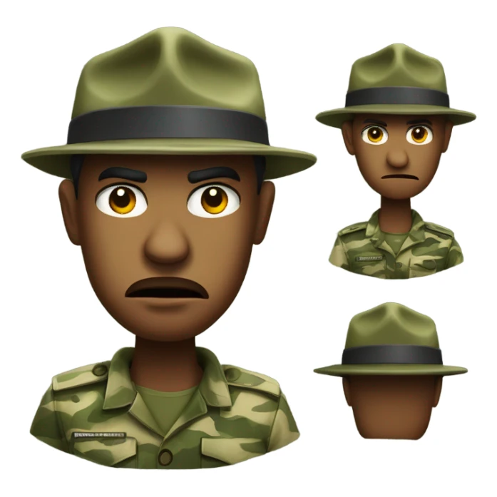drill sergeant character wearing a classic sergeant hat and a camouflage army shirt. The character should have an angry intense expression. full torso sticker