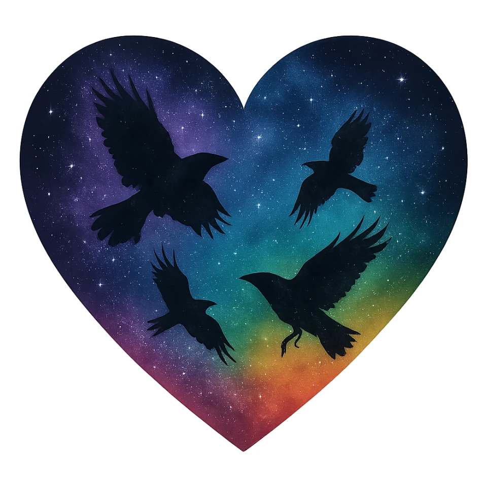  heart with rainbow night sky and dark ravens, remove background sticker