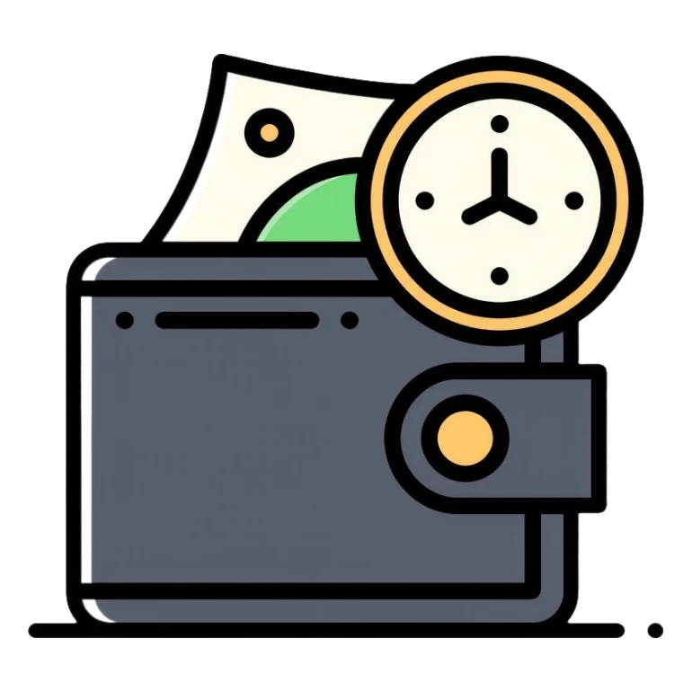 black wallet with dollars visible inside and a small clock in top right corner positioned over the wallet sticker