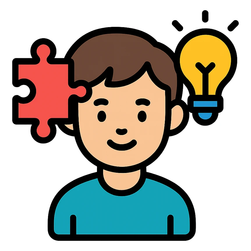 boy’s face with a puzzle piece and lightbulb, representing genius sticker